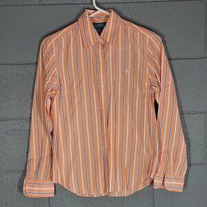 Lauren Ralph Lauren Button Up Oxford Dress Shirt - Peach White Blue Stripe Small